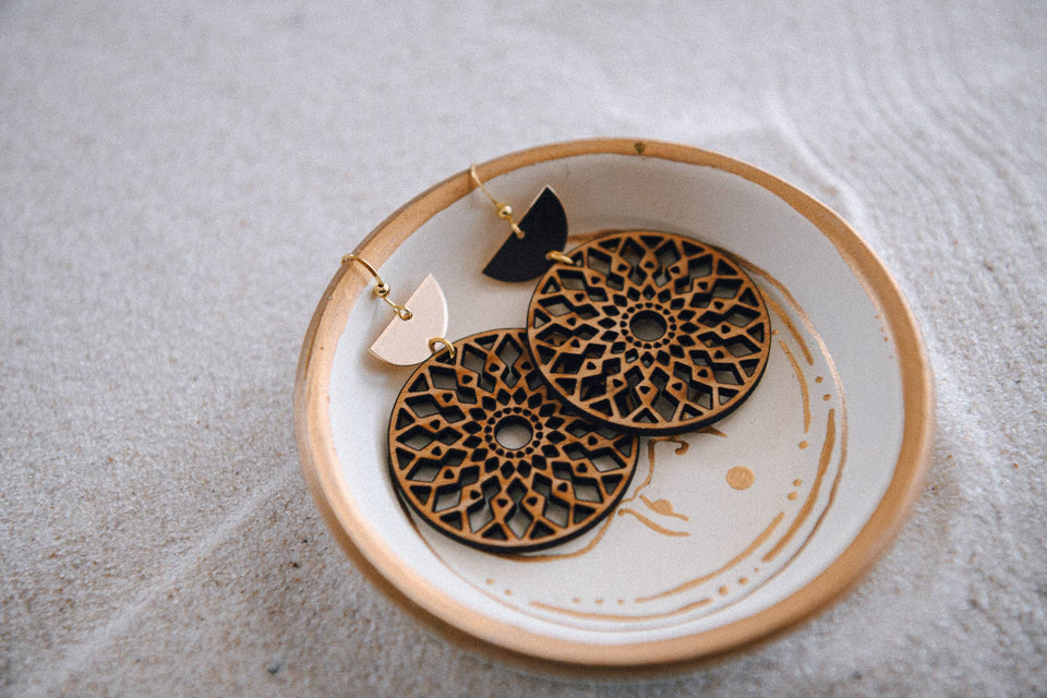 Gold Plated Half Moon and Wood Earrings : Pomegranate Tiered Earrings
