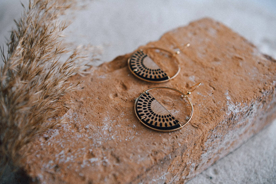 Gold Plated Half Moon and Wood Earrings : Half Moon Mandala Brass