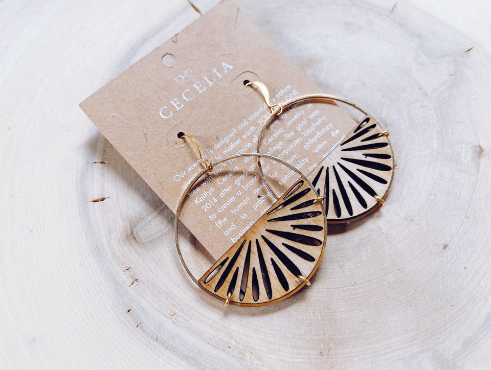 Gold Plated Half Moon and Wood Earrings : Mandala Tiered Earrings
