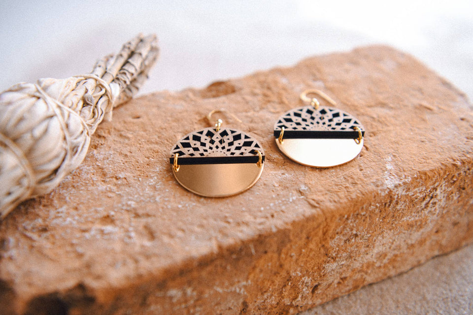 Gold Plated Half Moon and Wood Earrings : Orange Slice Tiered Earrings