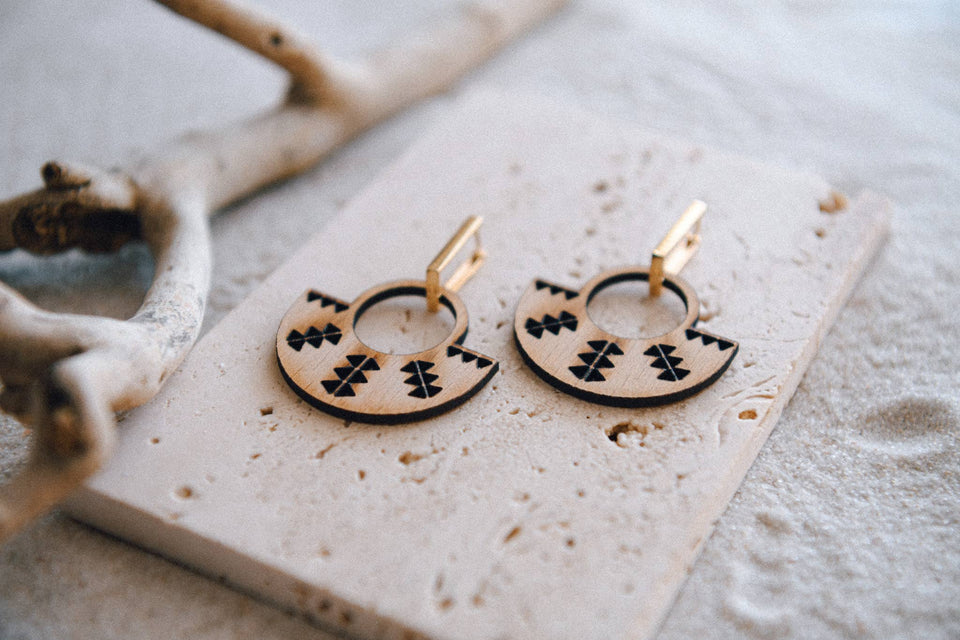 Golden Glow Wood and Gold-Plated Rectangle Earrings: Geo