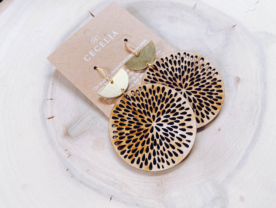 Gold Plated Half Moon and Wood Earrings : Half Moon Mandala Brass