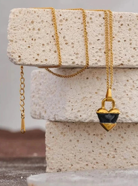 Black & Gold Heart Padlock Chain Necklace