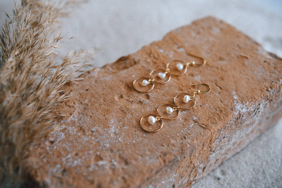Private Label Triple Hoop Gemstone Drop Earrings : Pearl