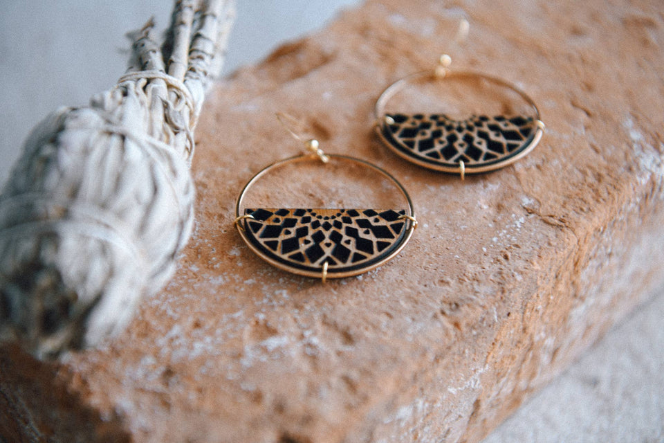 Gold Plated Half Moon and Wood Earrings : Orange Slice Tiered Earrings