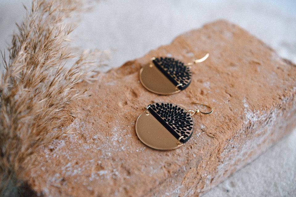 Gold Plated Half Moon and Wood Earrings : Mandala Tiered Earrings