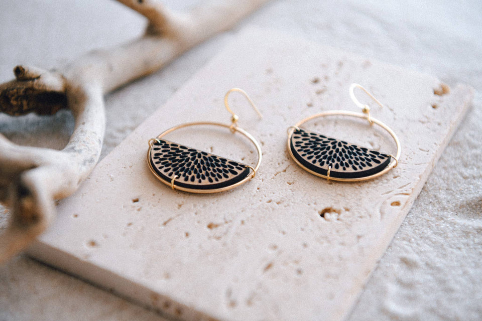 Gold Plated Half Moon and Wood Earrings : Mandala Tiered Earrings
