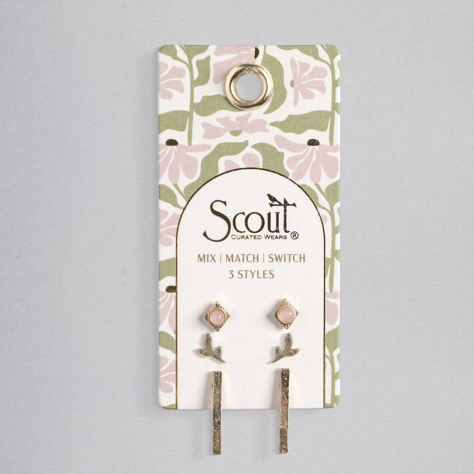 Stud Trio Ear Jacket Set - Leaf/Rose Quartz/Gold