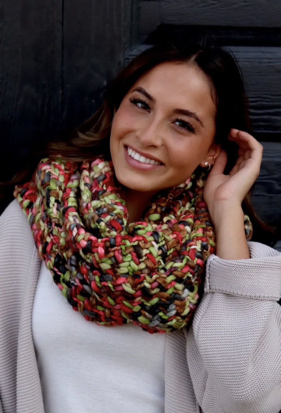 Pink and Green Loom Woven Knit Infinity Scarf