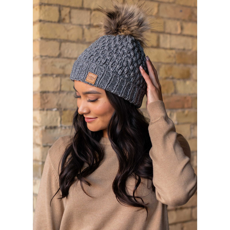 Fleece Lined Knit Hat with Pom - Grey.  fall outfit ideas for women 