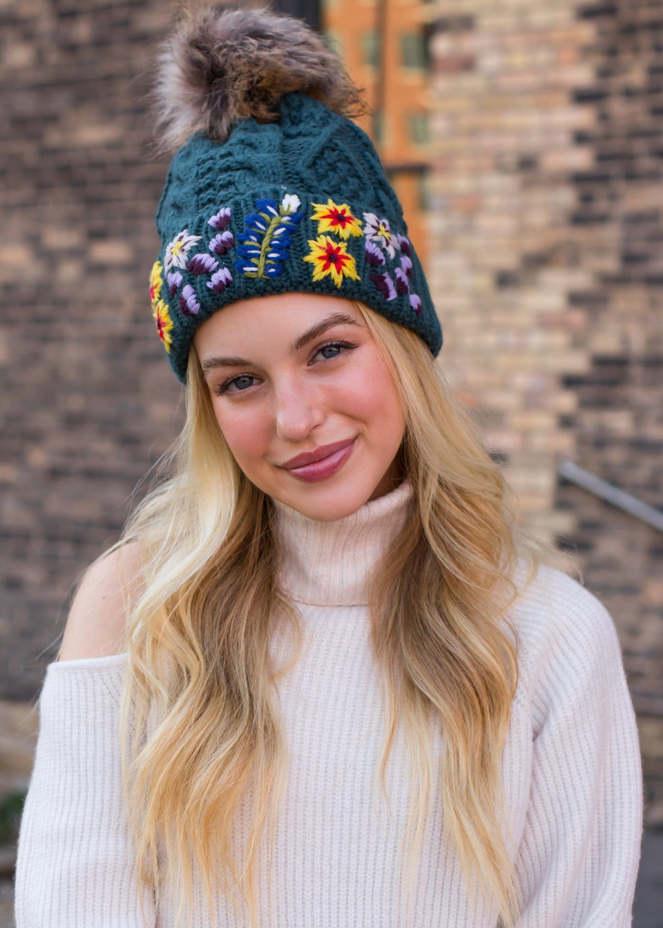 Floral Embroidered Hat - Teal Cable Knit with Faux Fur Pom | petite shops